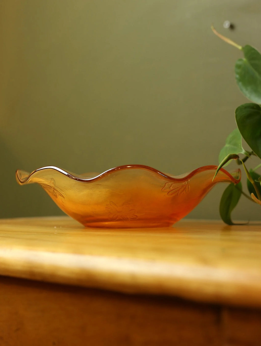 Orange Ruffled Edge Carnival Glass Dish