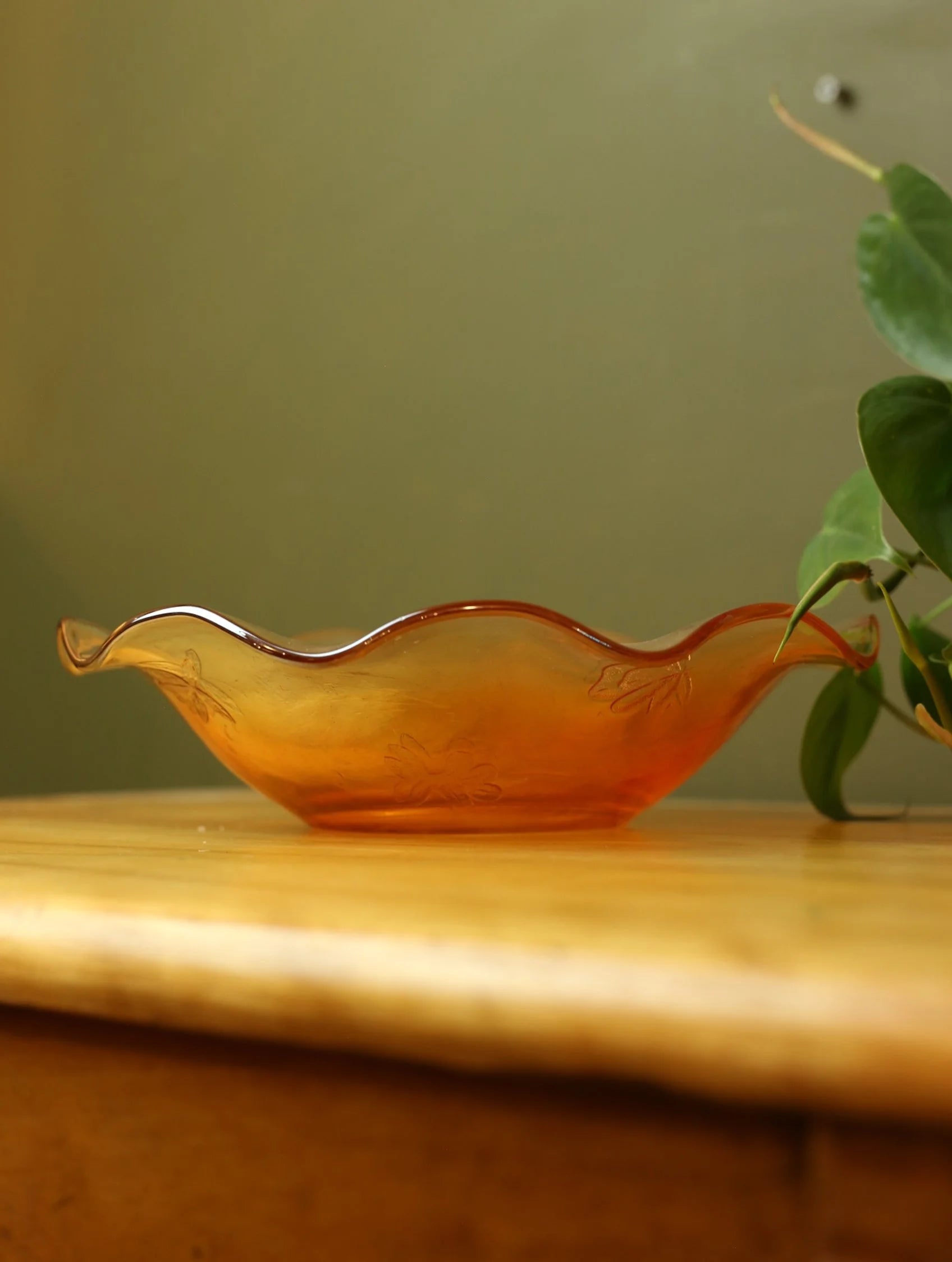 Orange Ruffled Edge Carnival Glass Dish