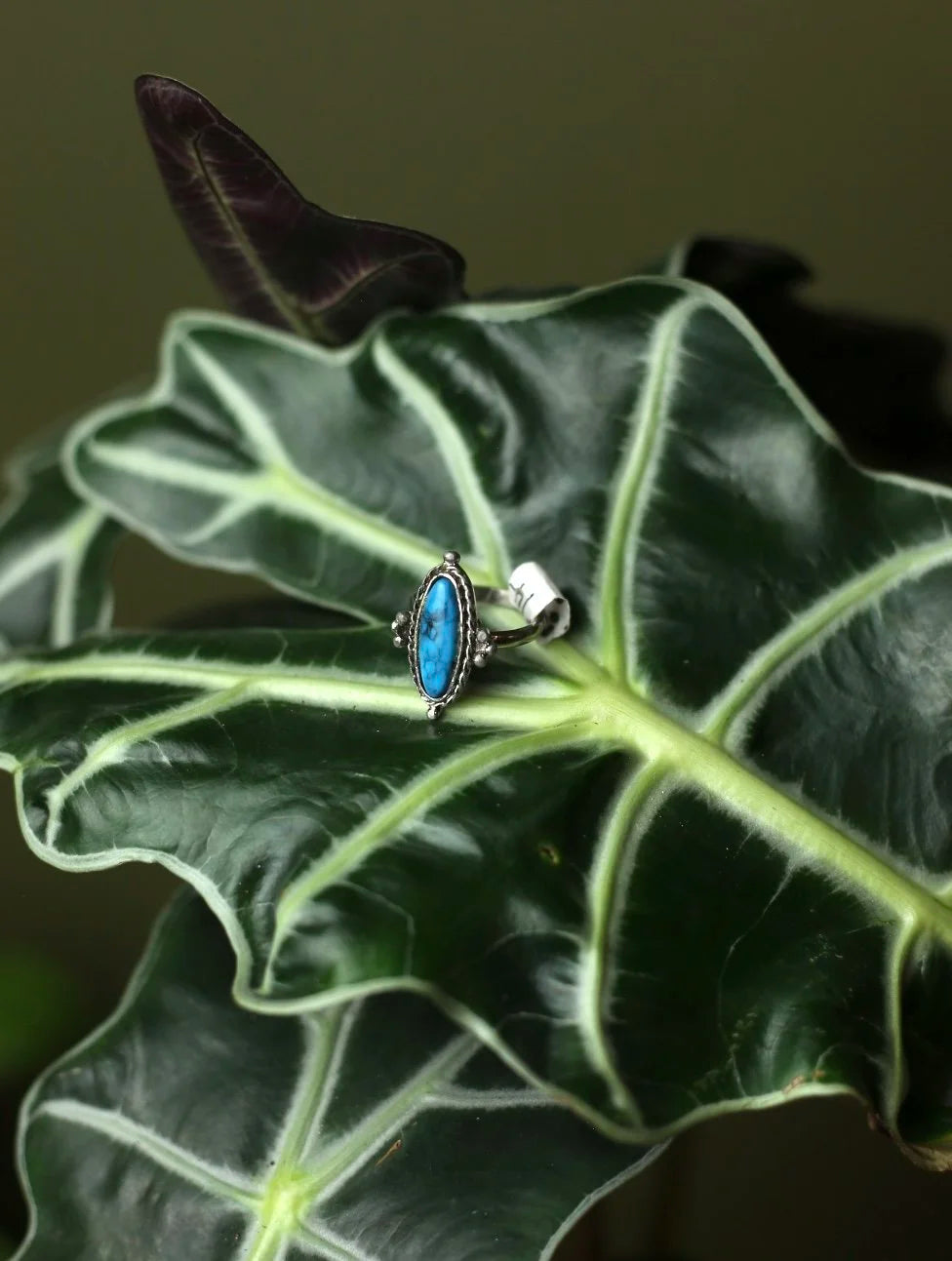 Oval Turquoise Silver Tone Adjustable Ring