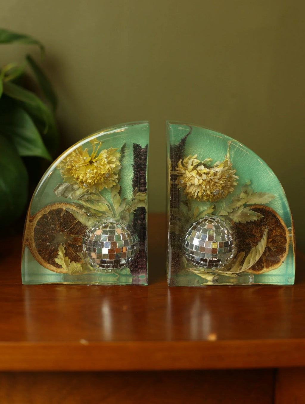 Disco Ball & Flowers Resin Teal Bookends