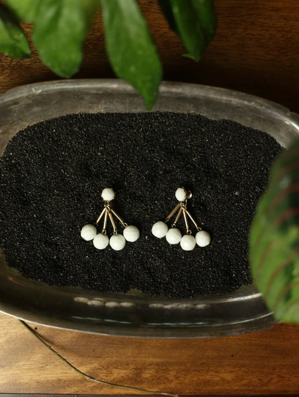 White Beaded Dangle Clip On Earrings