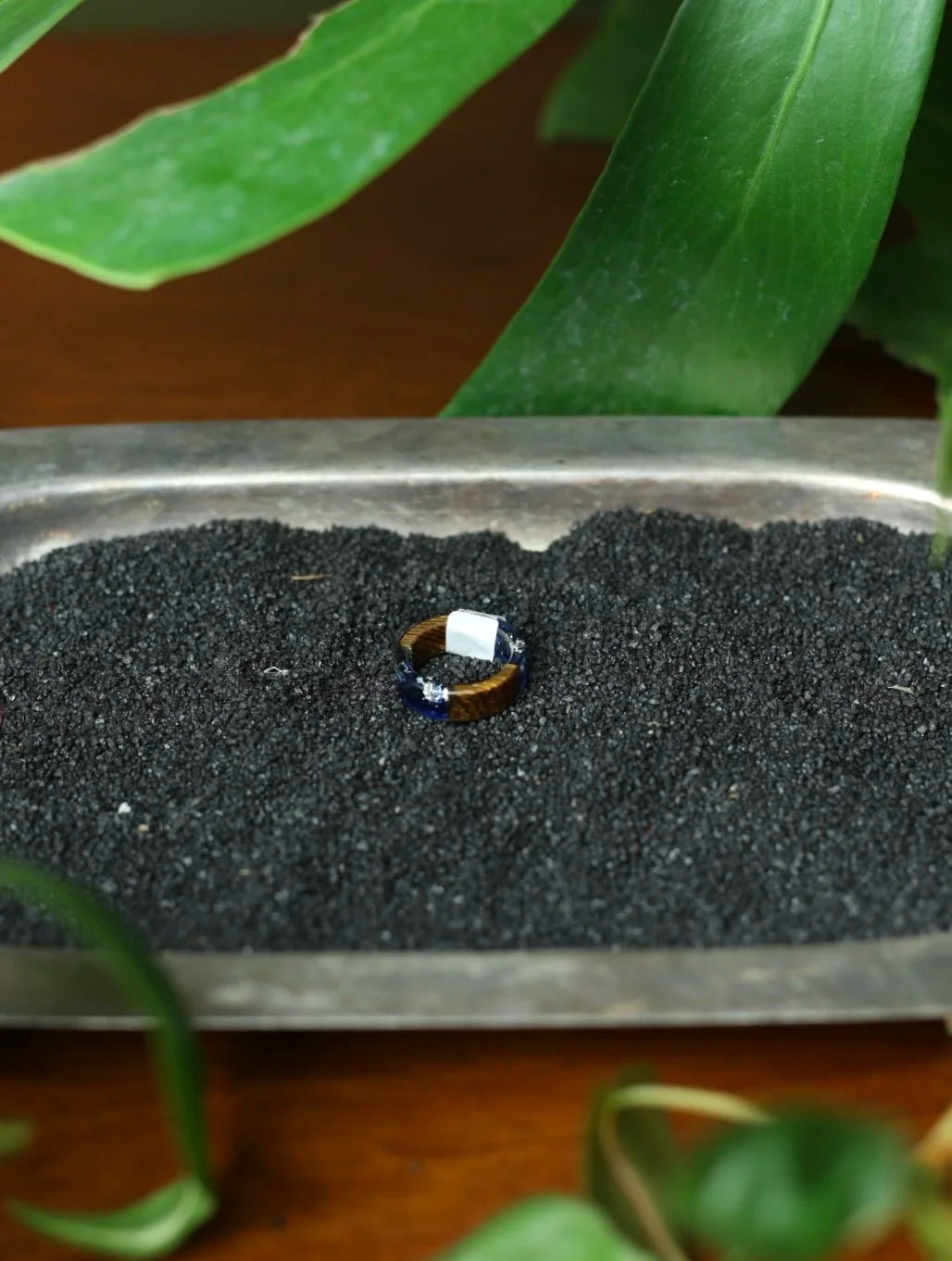 Pyrite & Wood Resin Ring -Size 6