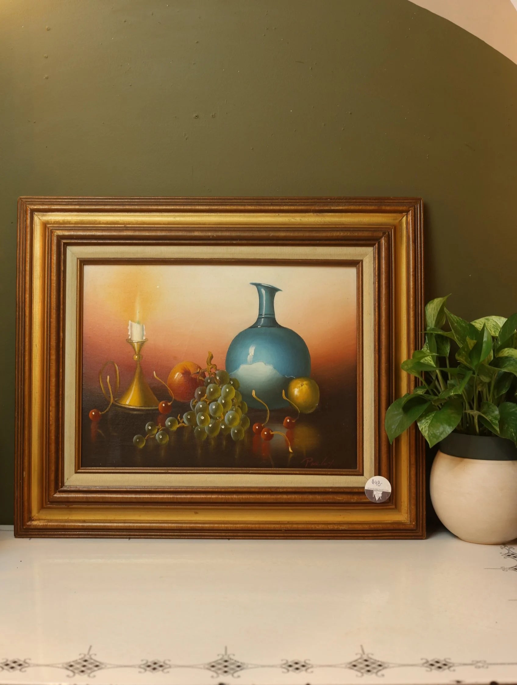 Vintage Still Life of Fruit with a Candle and Vase