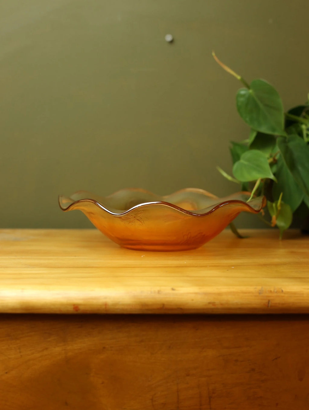 Orange Ruffled Edge Carnival Glass Dish