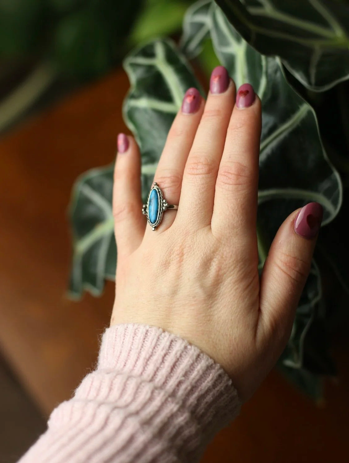 Oval Turquoise Silver Tone Adjustable Ring