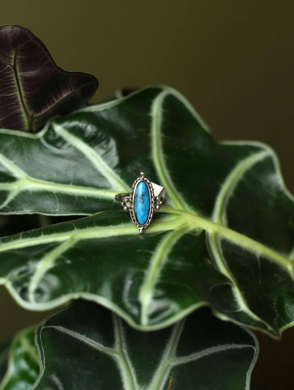Oval Turquoise Silver Tone Adjustable Ring
