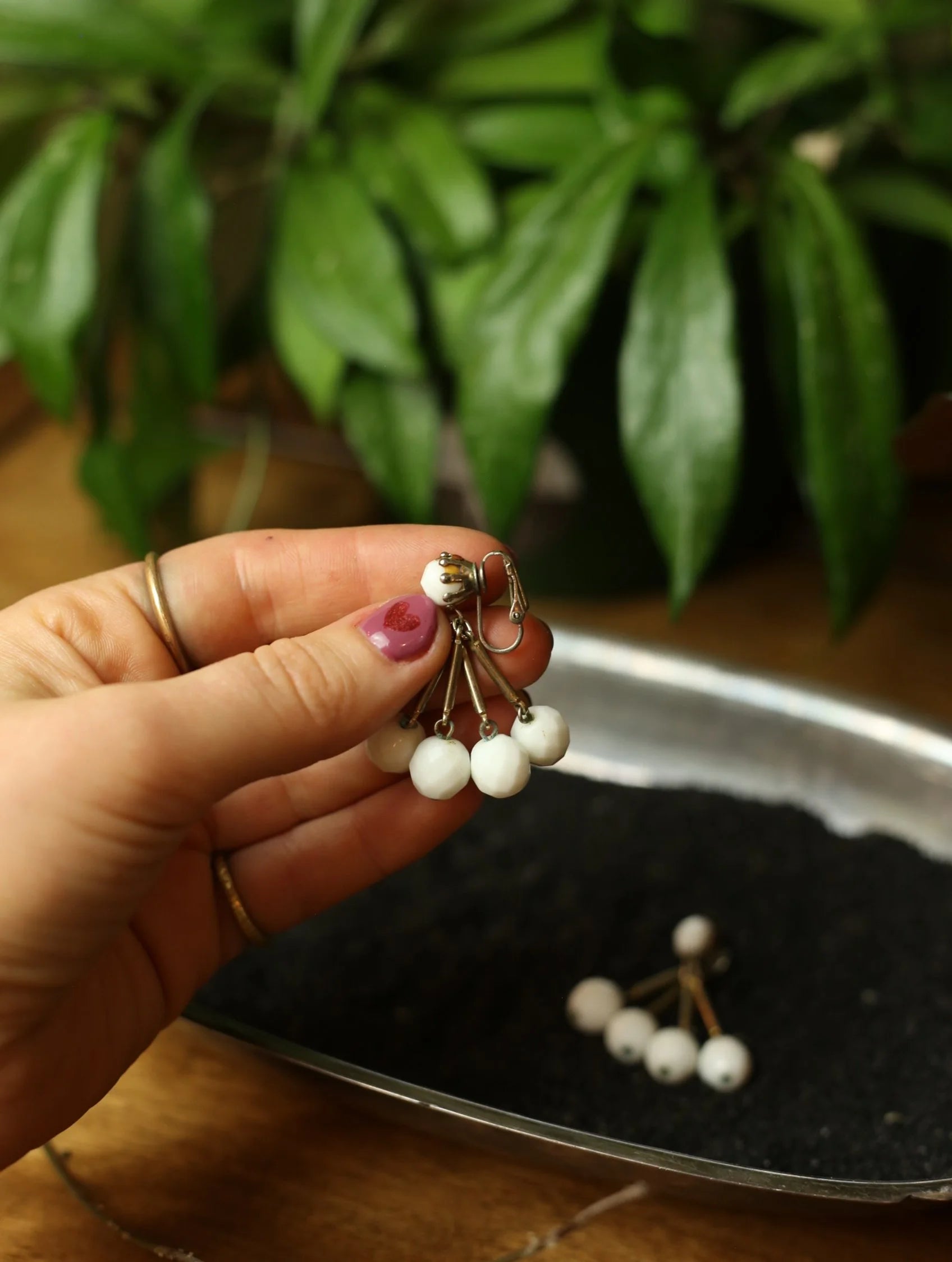White Beaded Dangle Clip On Earrings