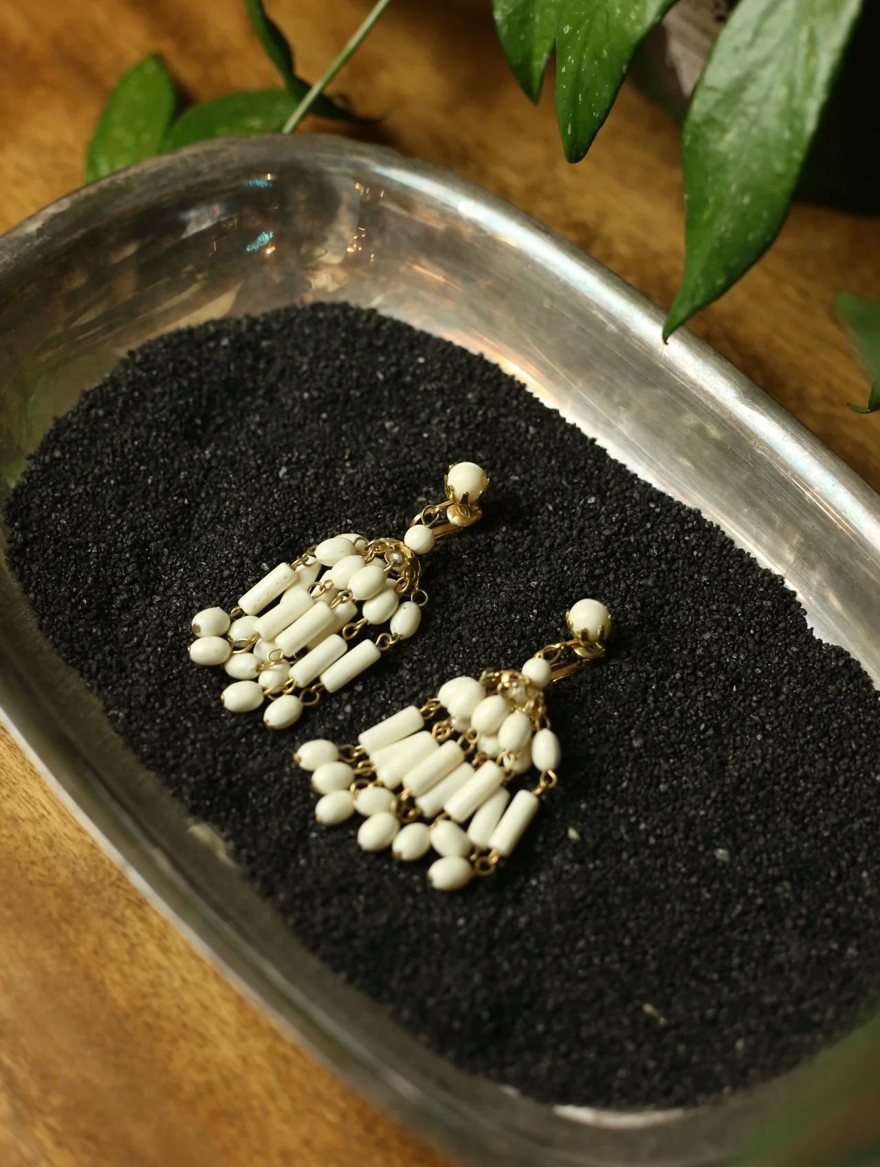 Large White Beaded Dangle Clip On Earrings