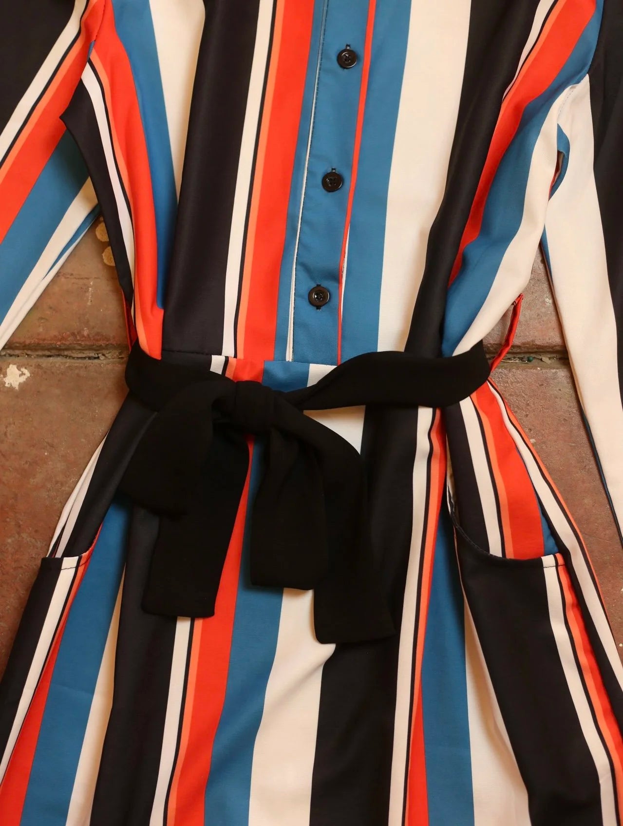 Red, Teal, Black & White Striped Dress