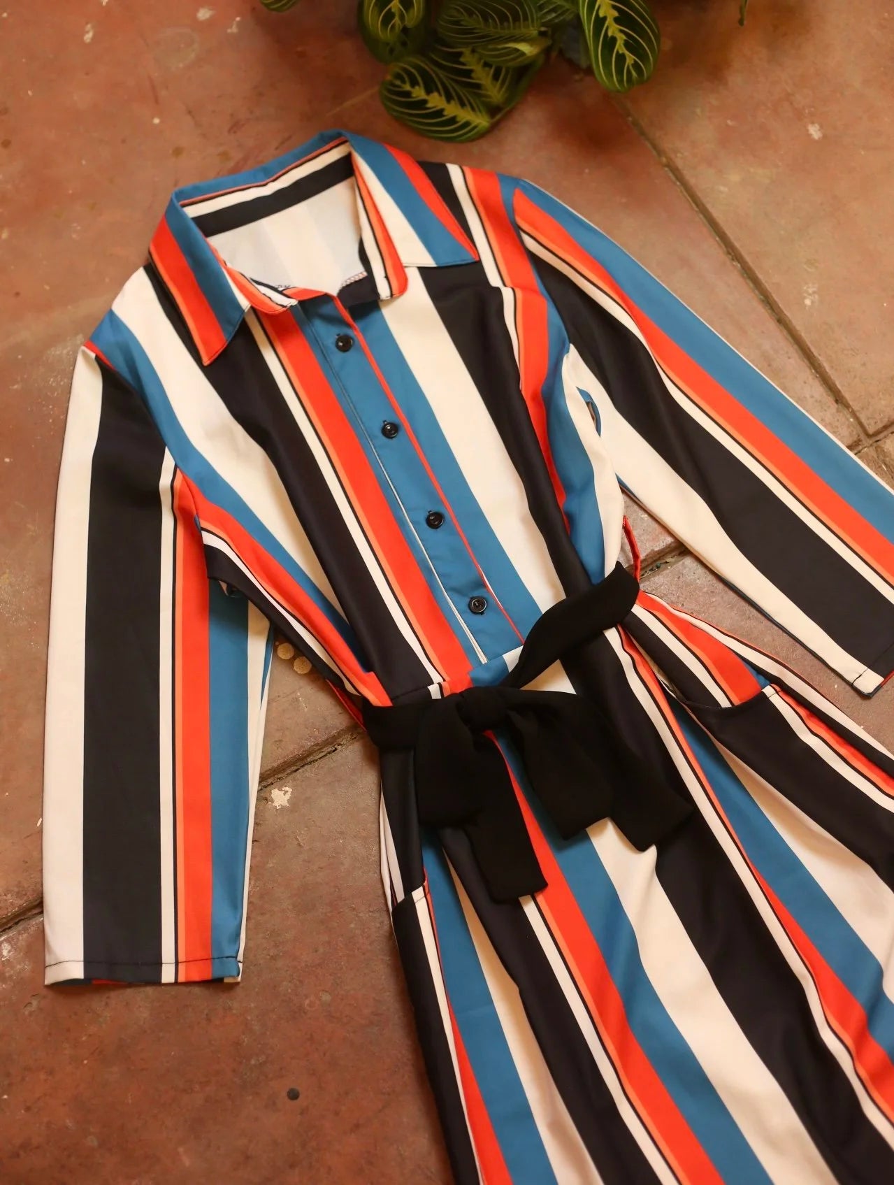 Red, Teal, Black & White Striped Dress