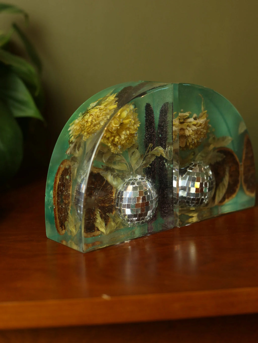 Disco Ball & Flowers Resin Teal Bookends
