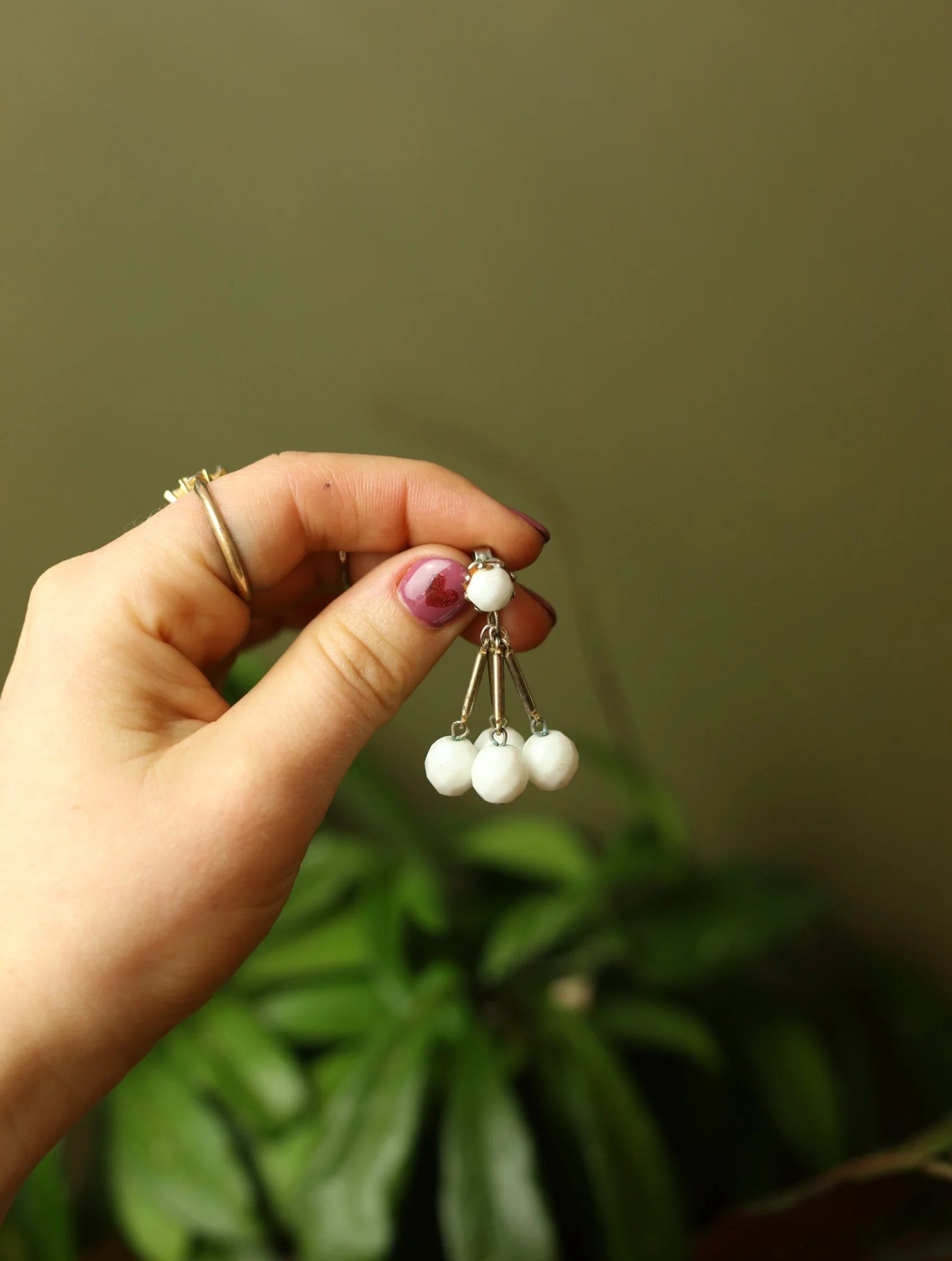White Beaded Dangle Clip On Earrings