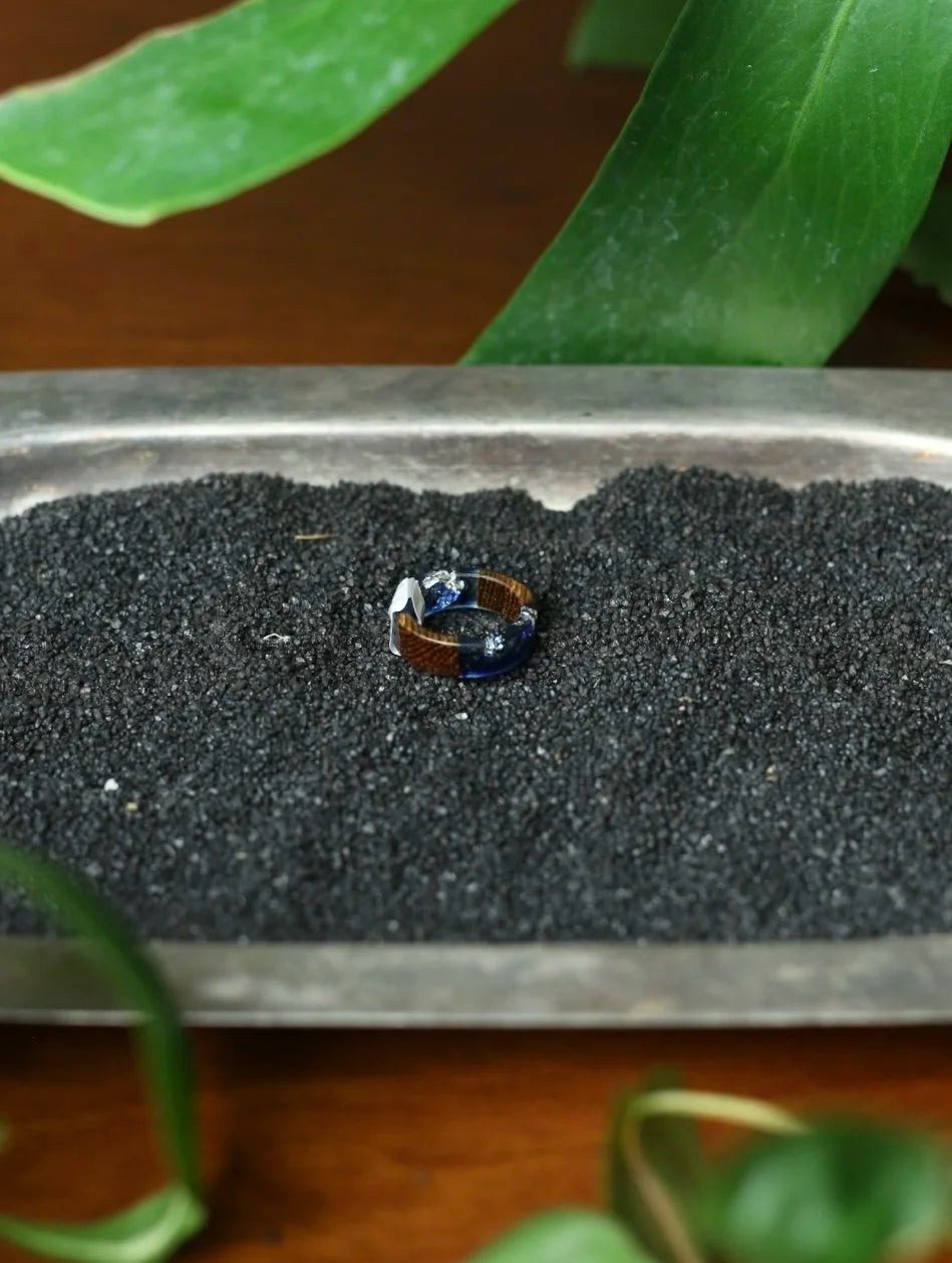 Pyrite & Wood Resin Ring -Size 6