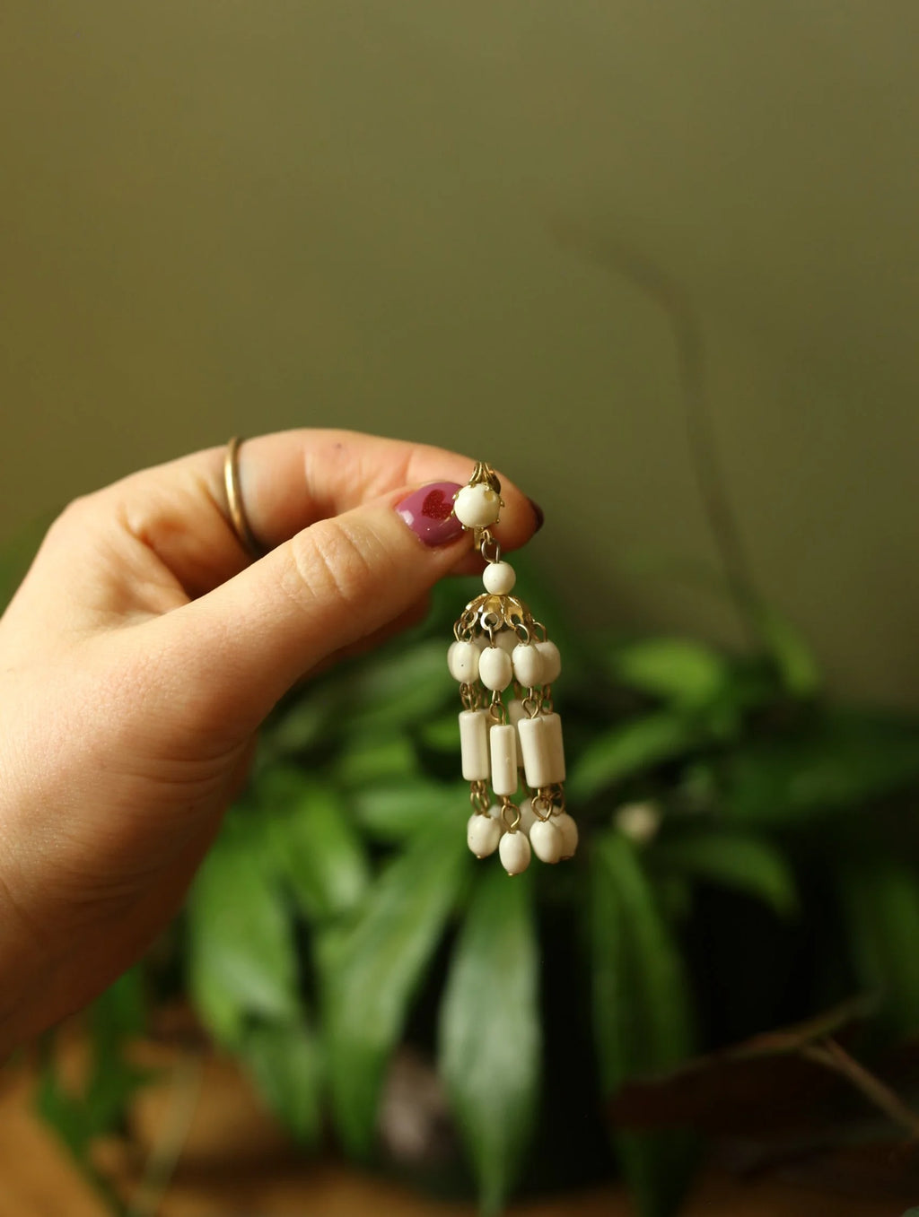 Large White Beaded Dangle Clip On Earrings