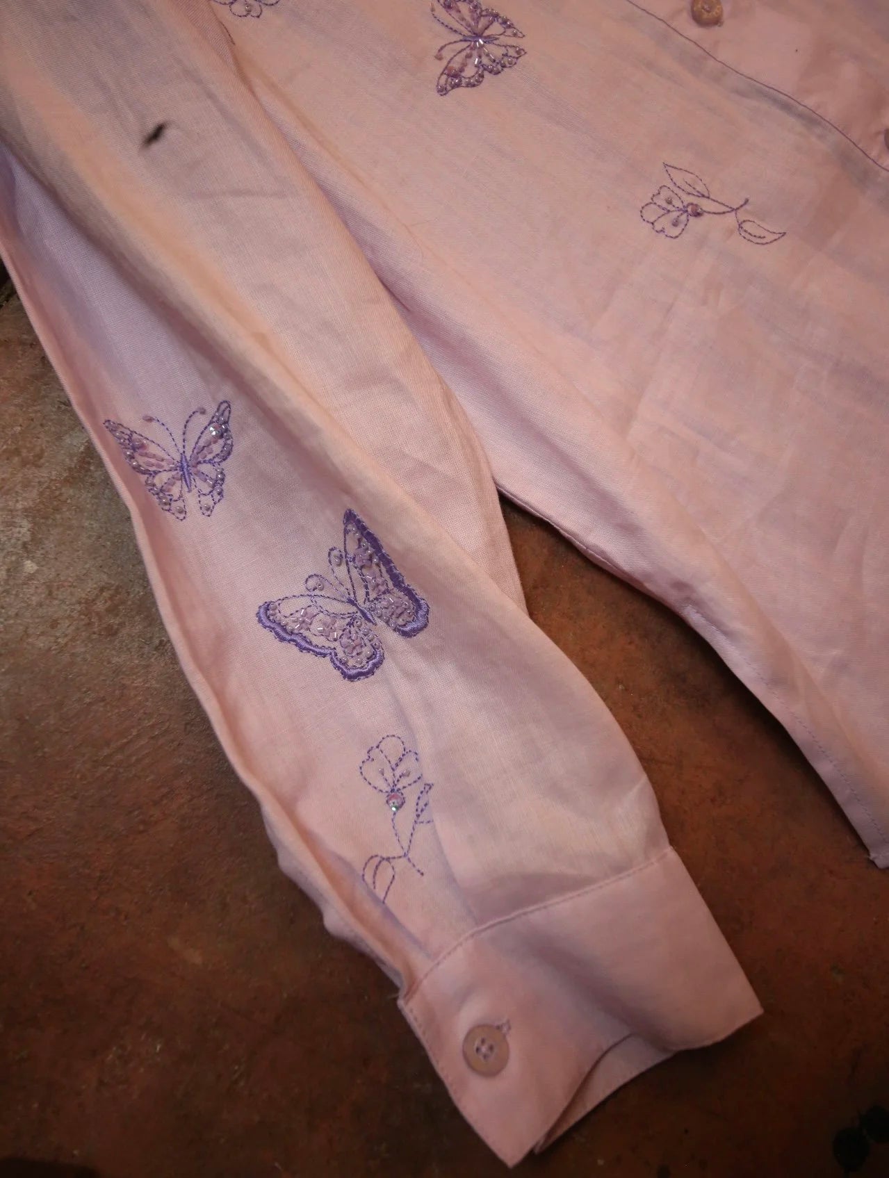 Lavender Butterfly Embroidered Button Up