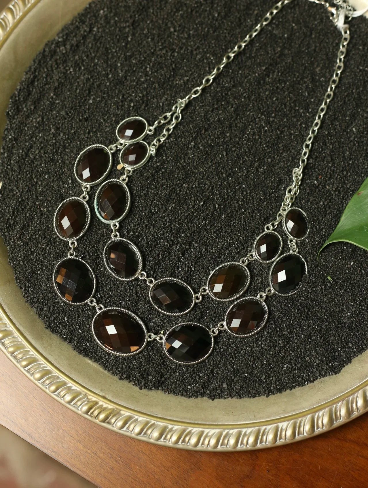 Black Gem Silver Tone Statement Necklace
