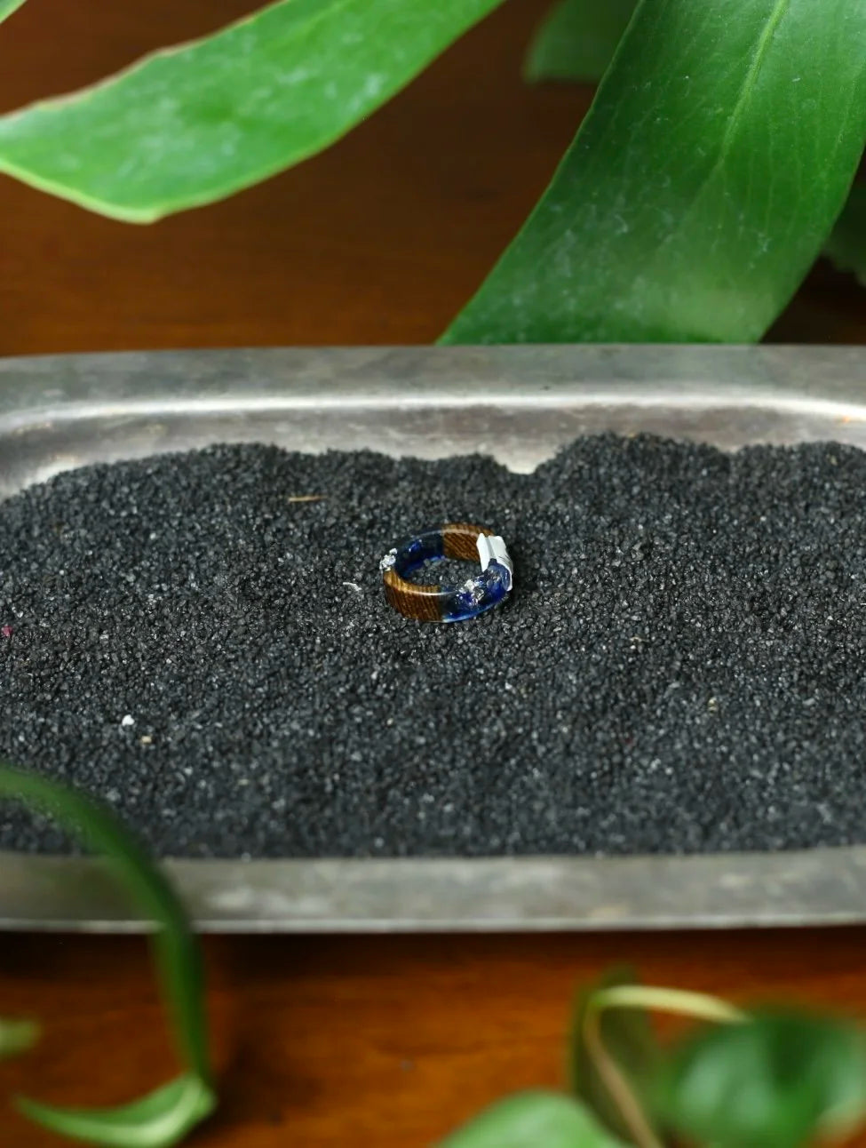 Pyrite & Wood Resin Ring -Size 6