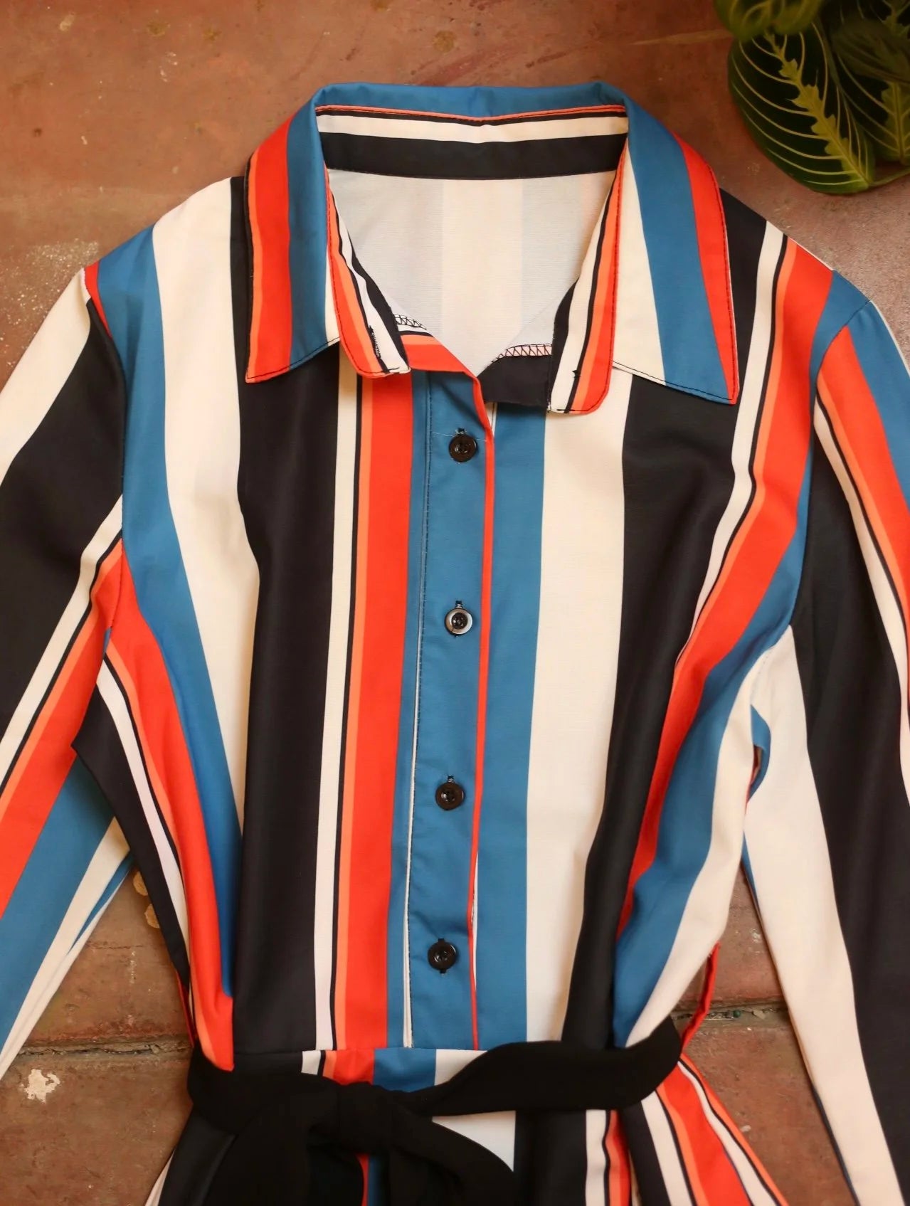 Red, Teal, Black & White Striped Dress