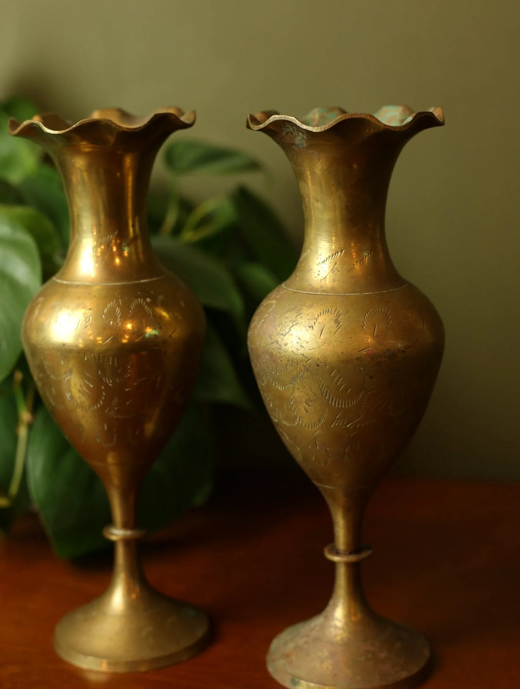 Etched Brass Vases with Ruffled Edge
